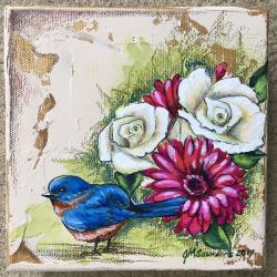 Bloomin' Blue Bird - 5.5" x 5.5" acrylic & plaster on canvas - SOLD